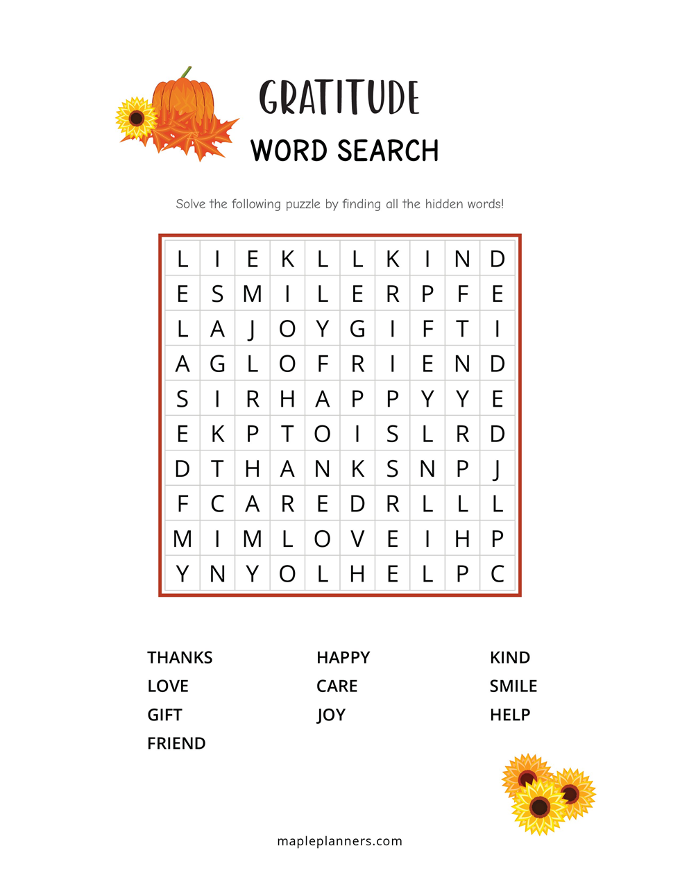 Gratitude Word Search - Easy