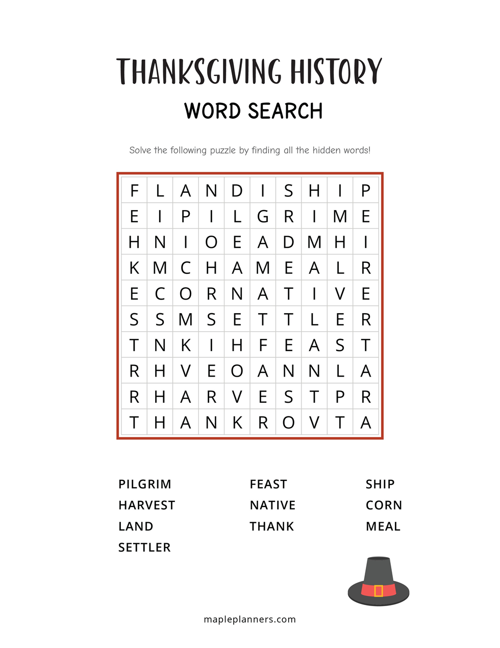 Thanksgiving History Word Search - Easy