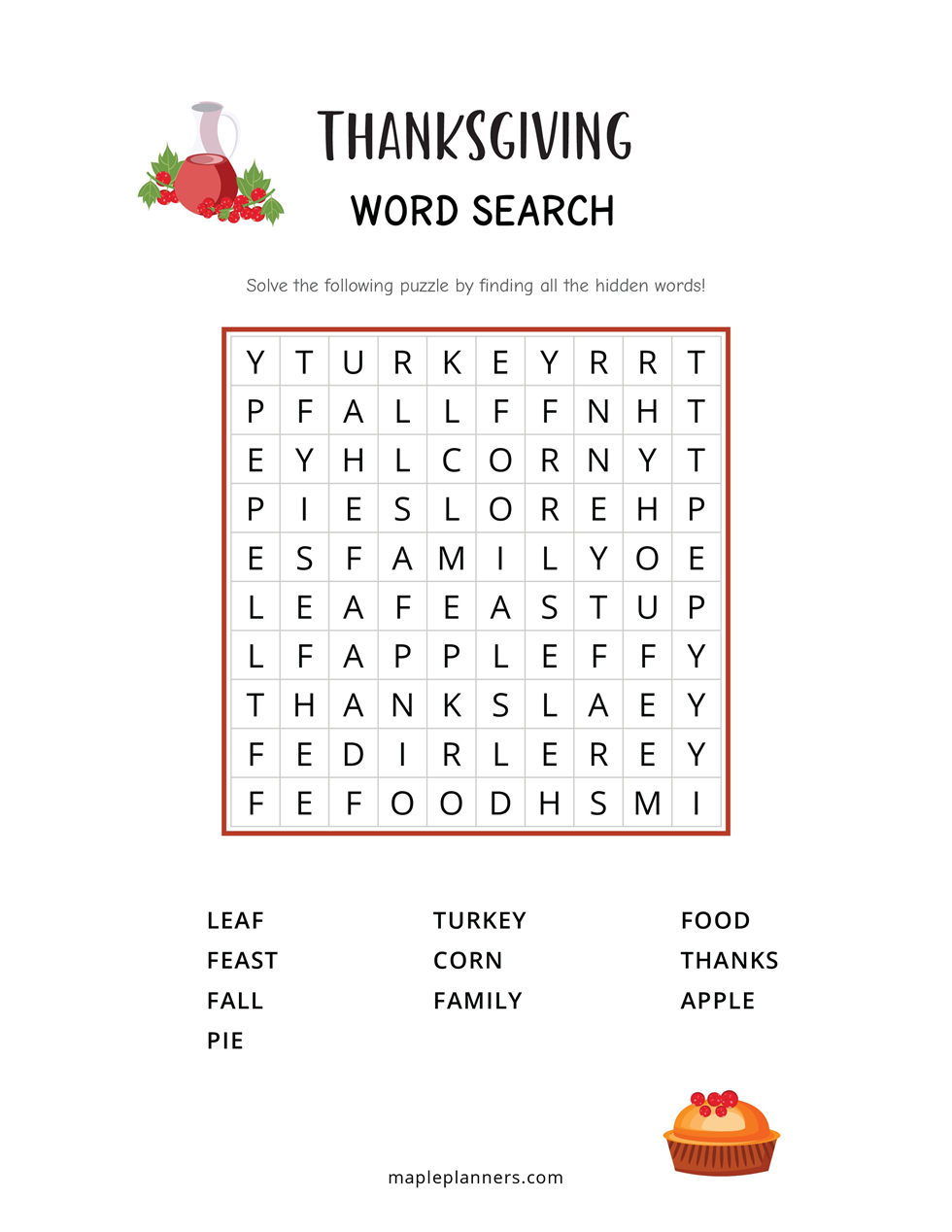 Thanksgiving Word Search - Easy