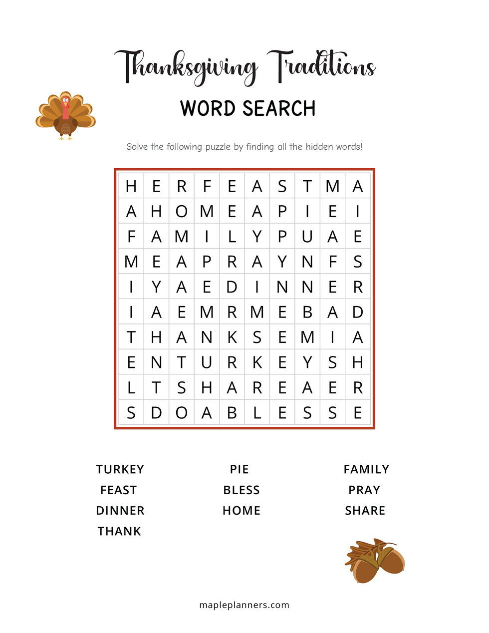 Thanksgiving Traditions Word Search - Easy