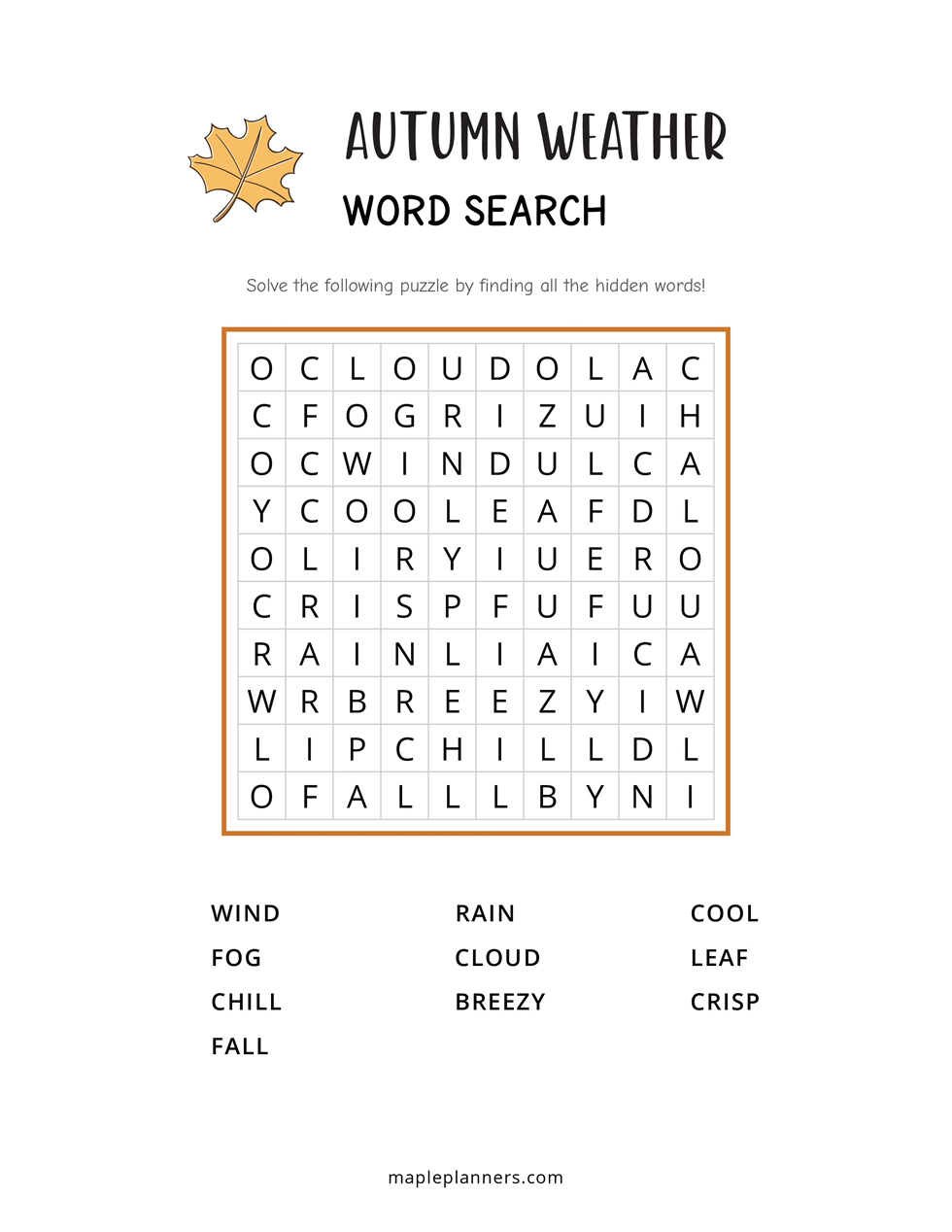 Autumn Weather Word Search - Easy