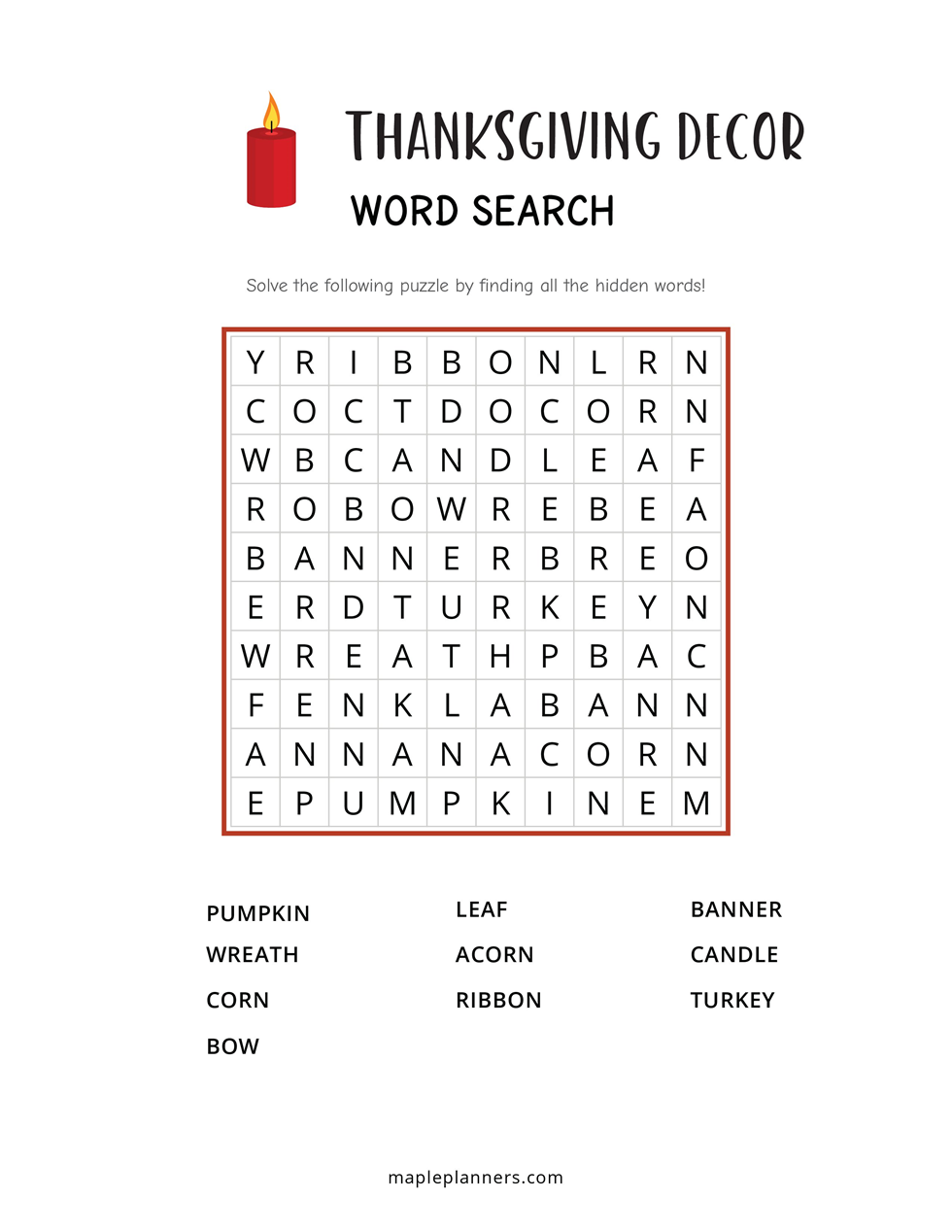 Thanksgiving Decor Word Search Printable