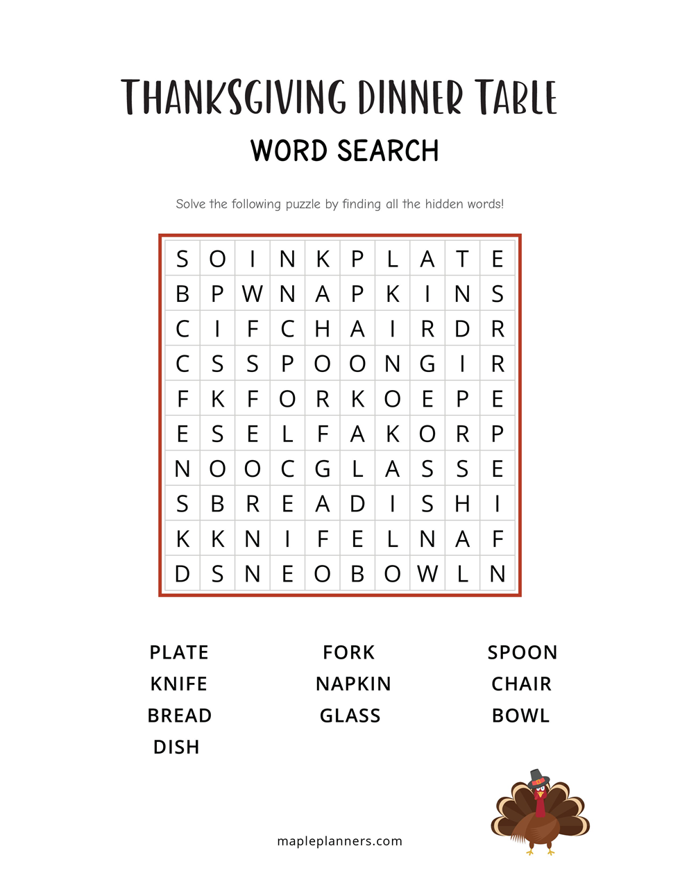 Thanksgiving Dinner Table Word Search - Easy