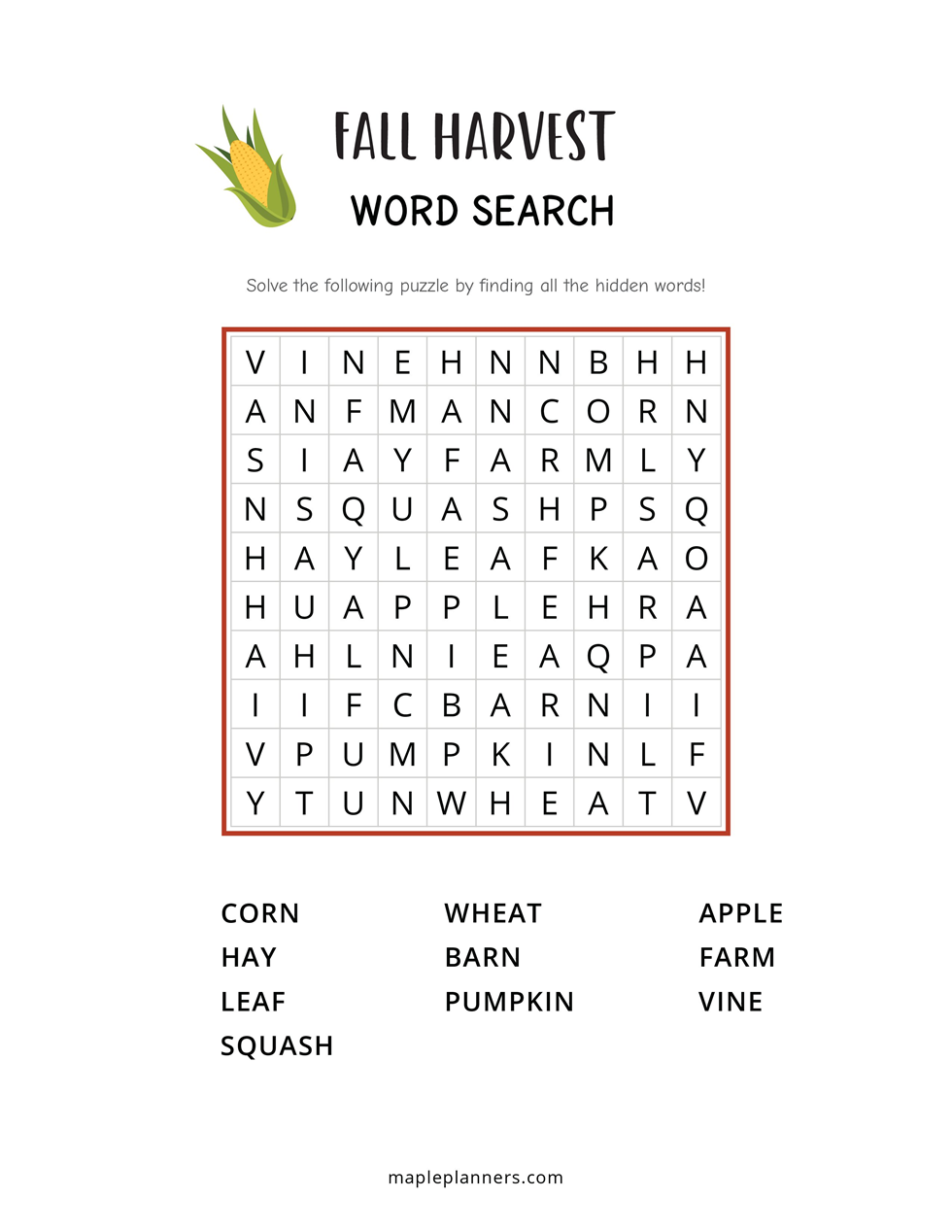 Fall Harvest Word Search - Easy