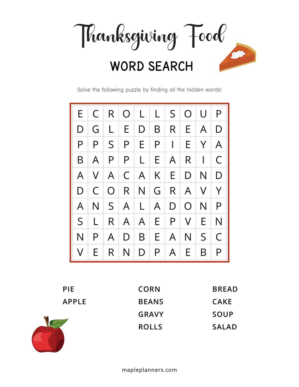 Thanksgiving Food Word Search - Easy