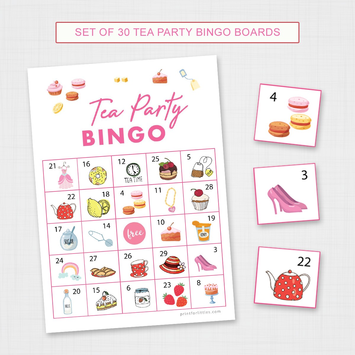 Set of 30 Tea Party Bingo Game Cards